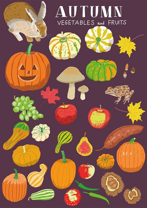 秋の野菜と果物のイラスト イラストレーター かたおか朋子